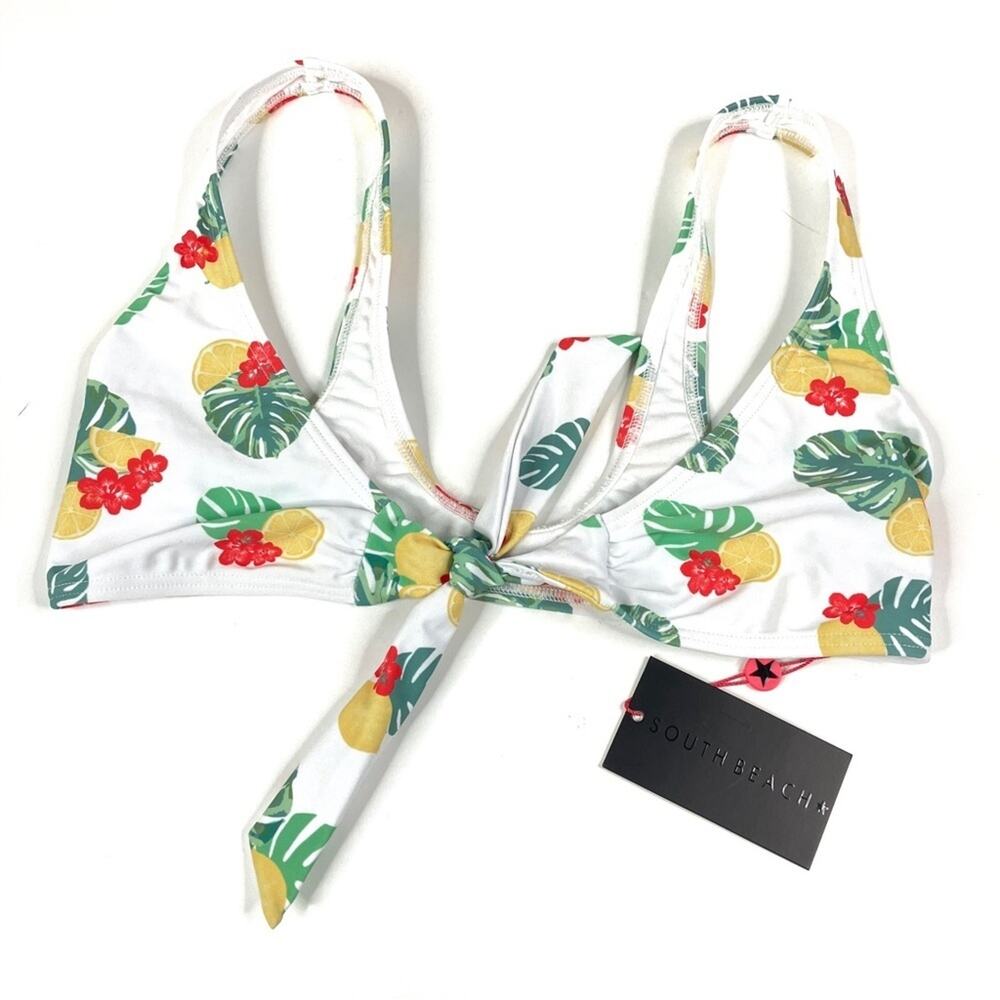 South Beach White Tropical Lemon Pattern Tie Front Bikini Top NWT Womens US 6